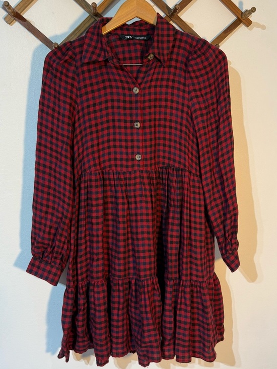 Zara Dresses & Skirts - Zara Buffalo plaid red/black checkered baby doll tiered long sleeve minidress XS
